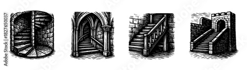 Dungeon entrances vintage engraving icons set, underground tunnels stairs gates