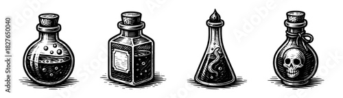Potion bottles vintage engraving icons set, alchemy poison elixir flasks