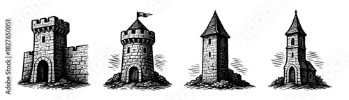 Medieval towers vintage engraving icons set, castle fortress watchtowers