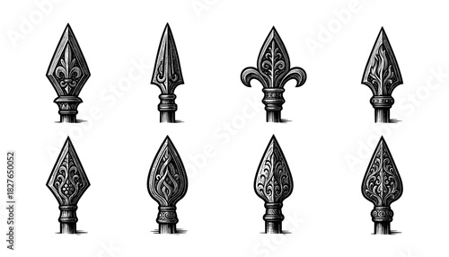 Spearheads vintage engraving icons set, medieval arrow and lance tips