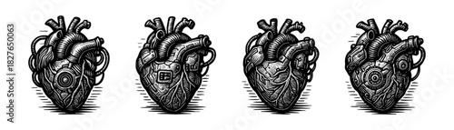Anatomical heart vintage engraving icons set, human cardiology illustration
