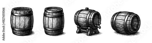 Wooden barrels vintage engraving icons set, cask keg storage containers
