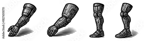 Prosthetic limbs vintage engraving icons set, robotic arm and leg bionics