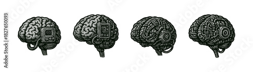 Human brain vintage engraving icons set, anatomy neuroscience illustration