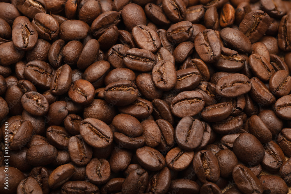 Fototapeta premium Coffee beans close-up , Can be used as a background , Roasted coffee beans background