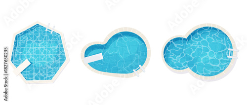 Swimming pool bottom top view with blue water waves texture set. Summer aqua surface with ripples. Spa pool geometrical shapes game texture