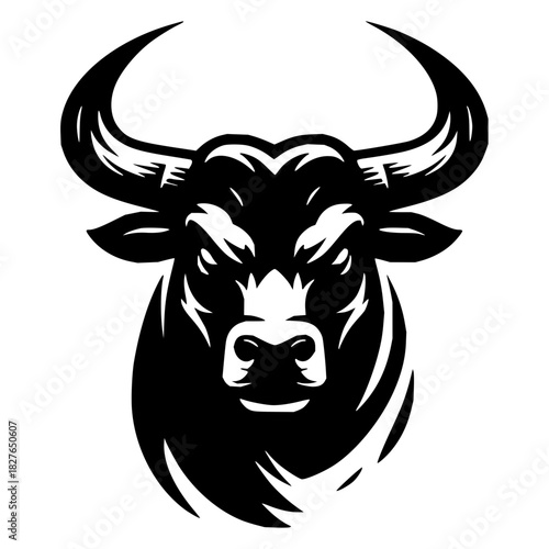 Bold bull head logo conveying strength and power, ideal for sports teams, financial institutions, or brands seeking a strong, assertive image.