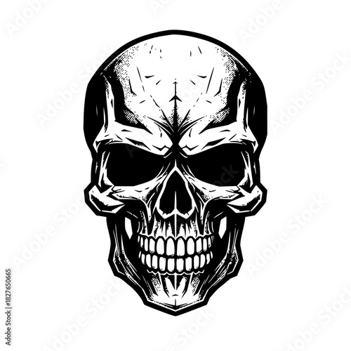 Striking skull illustration perfect for edgy designs, tattoo art, or Halloween projects, with a scalable vector origin providing clean lines and sharp detail