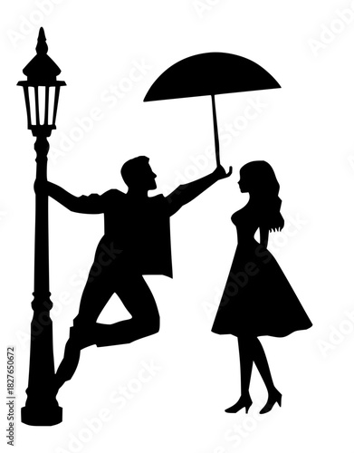 Romantic silhouette of couple sharing umbrella under streetlight, creating a timeless love story concept for Valentine's Day or wedding designs