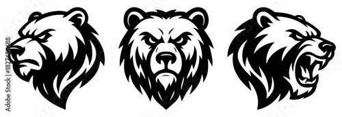 Fierce Bear Head Vector Set – Stylized Black & White Grizzly Designs for Logos, Mascot, Tattoos, Esports, Outdoor Brands & Biker Gear – Instant Download Artwork