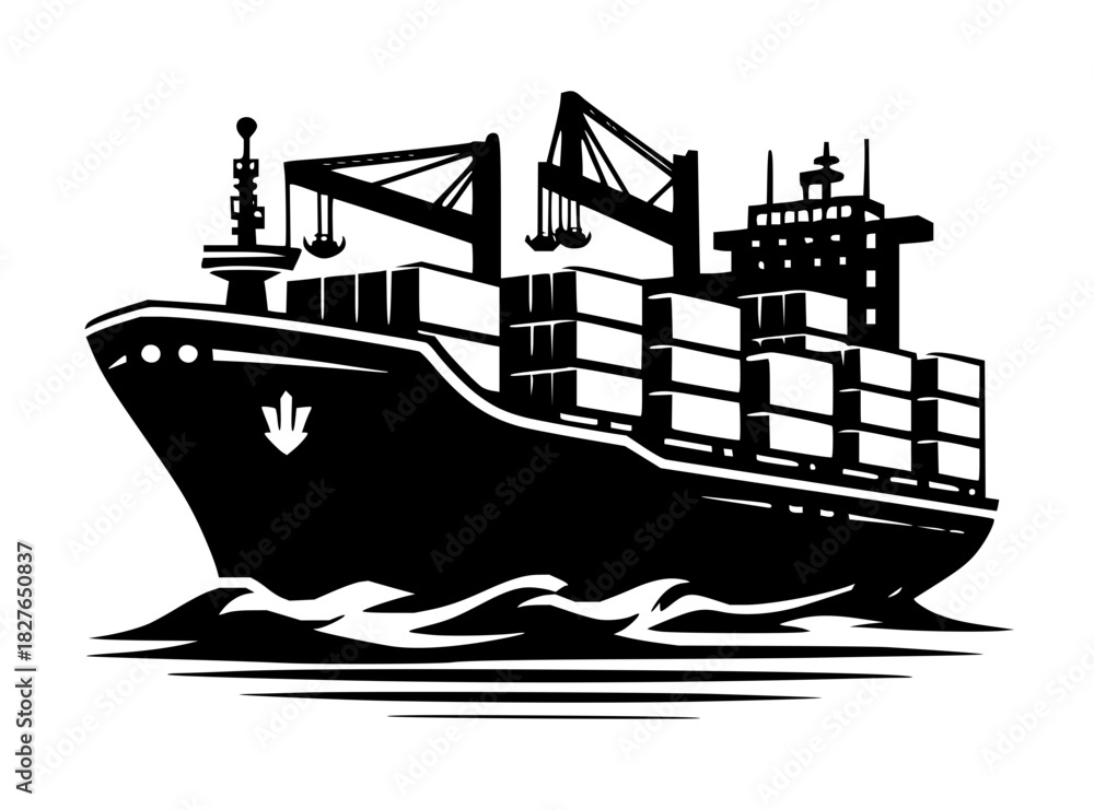 Obraz premium Dynamic vector rendering of a cargo container ship at sea conveying global trade and shipping solutions, modern maritime transport, scalable design element