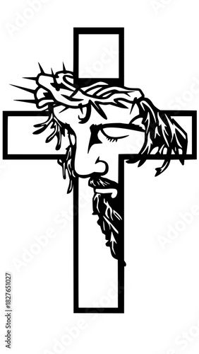 Striking Christian Art Featuring Jesus on the Cross with Crown of Thorns - Religious Symbolism and Faith, Perfect for Easter and Devotional Designs
