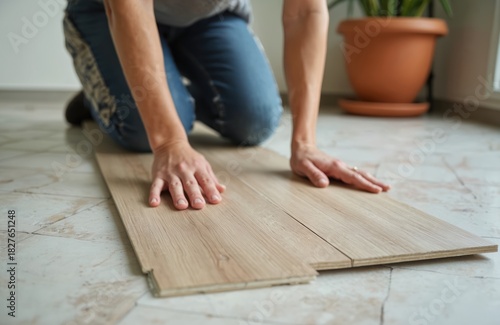 Person kneels on floor installing new laminate planks over existing tile. DIY home renovation project shows careful placement of wood effect flooring. Creating new interior design.