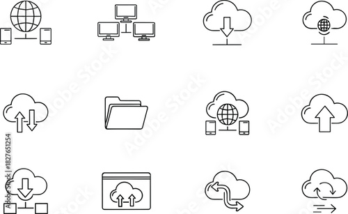 Cloud computing icons, data transfer, global connectivity, network diagram, cloud sync, file sharing, web upload, flat vector, tech symbols, digital access