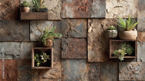 Rustic stone wall with plants in small wooden boxes attached as shelves, natural aesthetic