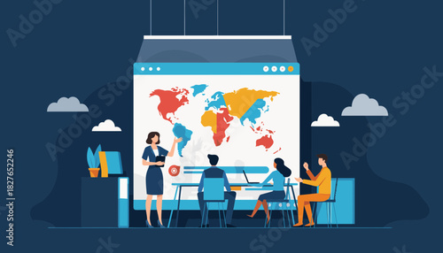 Global Business Presentation Team Collaboration Around World Map