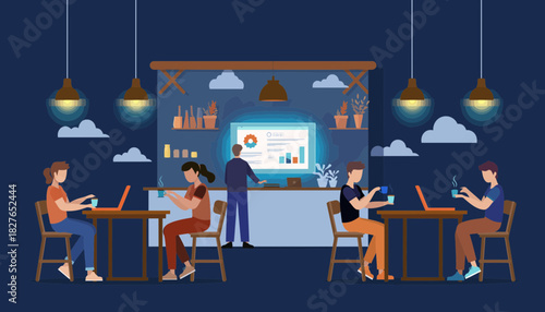 Informal business meeting with a digital presentation in a contemporary cafe environment at night