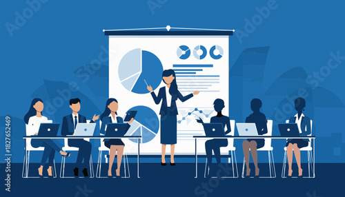 Dynamic business presentation with diverse team collaborating on financial data analysis and strategic planning