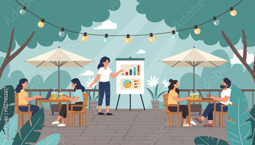 Business meeting and presentation at outdoor cafe with people and food