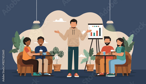 Diverse Group Engaging in a Dynamic Business Presentation and Discussion in a Cozy Cafe Setting
