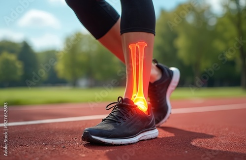 Runner suffers ankle pain on track. Athlete experiences foot injury during run. Joint inflammation shown. Healthcare concept. Sports medicine image bones. Shin injury. Leg pain. Injury risk during