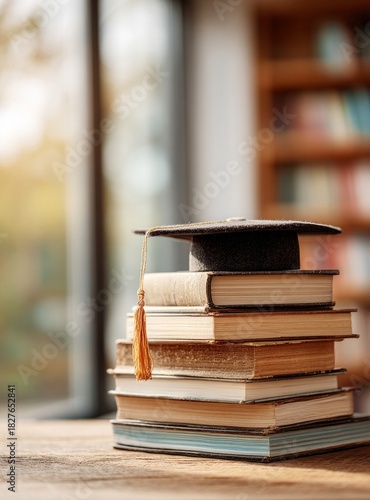 Graduation cap on stack of learning books