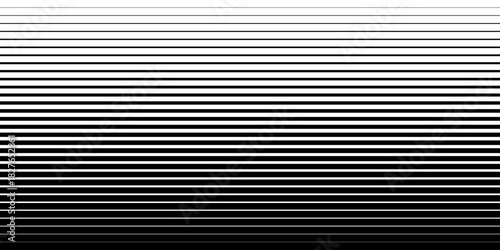 Halftone gradient pattern with horizontal lines. Abstract black and white background with a smooth transition from thin to thick stripes. Vector illustration.