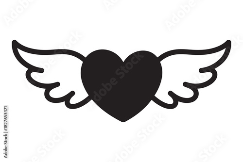  Simple black silhouette of a heart with outstretched wings in a doodle style