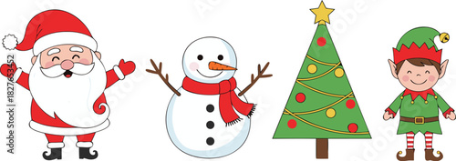 Festive holiday characters collection with cute cartoon illustrations of Santa, a snowman, an elf, and a Christmas tree