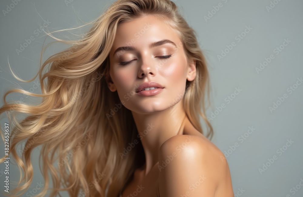 Naklejka premium Close-up shot displays a lovely blonde woman with closed eyes. Her flowing hair has a coiffure. Her make up makes her eyes and lips stand out. Her skin is clean.