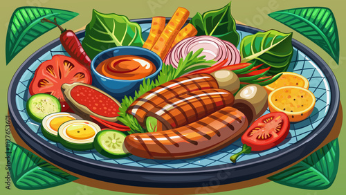 Very beautiful semi-realistic vector illustration of grilled sausages served on a rustic plate with Asian-inspired accompaniments, featuring vibrant vegetables, dipping sauces, and aromatic garnishes 