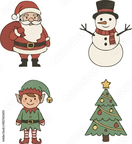 A whimsical assortment of classic Christmas and winter holiday illustrations, featuring a beloved Santa Claus, a cheerful snowman, a playful elf, and a beautifully adorned evergreen tree
