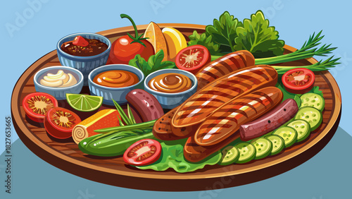 Very beautiful semi-realistic vector illustration of grilled sausages served on a rustic plate with Asian-inspired accompaniments, featuring vibrant vegetables, dipping sauces, and aromatic garnishes 
