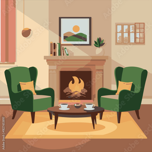 Cozy Living Room with Fireplace Vector,Warm Home Interior with Fire and Armchairs,Modern Living Room Design Illustration,Fireplace and Cozy Chairs Flat Vector,Home Interior with Tea and.
