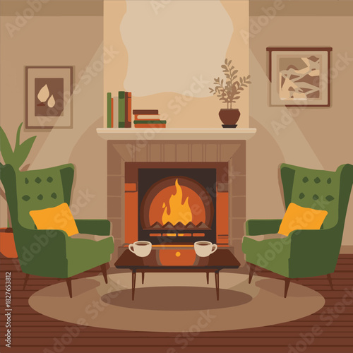 Cozy Living Room with Fireplace Vector,Warm Home Interior with Fire and Armchairs,Modern Living Room Design Illustration,Fireplace and Cozy Chairs Flat Vector,Home Interior with Tea and.
