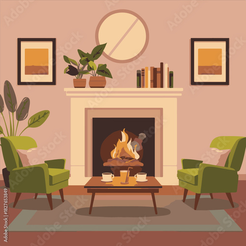 Cozy Living Room with Fireplace Vector,Warm Home Interior with Fire and Armchairs,Modern Living Room Design Illustration,Fireplace and Cozy Chairs Flat Vector,Home Interior with Tea and.