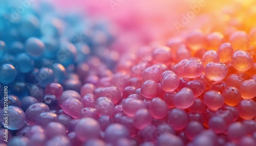 Close-up of colorful plastic pellets. Small round beads in blue, pink, orange hues. Polymer granules in different colors. Plastic material for industrial production. Raw plastic beads for