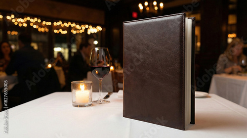 A leather-bound menu standing upright on a table with a white tablecloth, candle light, wine glass, blurred restaurant background