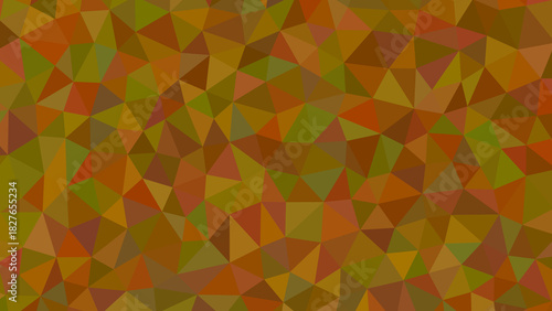 Abstract geometric background with a mosaic of triangles in shades of brown, orange, and green creating a warm and earthy color palette