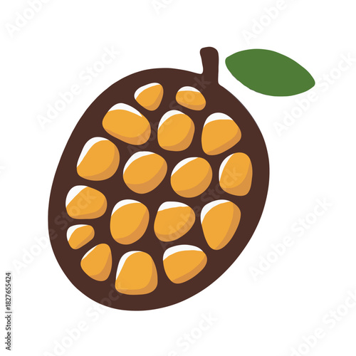 Stylized illustration of a ripe jackfruit with its characteristic bumpy texture and a single green leaf isolated on white background