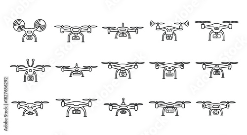 Drone outline icons for tech aerial photography and surveillance