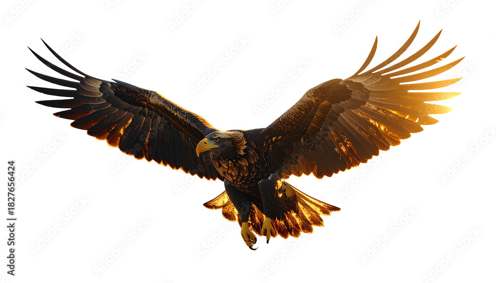 Fototapeta premium Majestic Golden Eagle Flying On Transparent Background With Open Wings Sharp Talons And Detailed Feathers In Dramatic Lighting For Wildlife Imagery