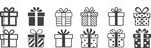 Collection of decorative gift box icons featuring ribbons, bows, patterns, and festive elements in clean minimalist vector style for holiday designs.