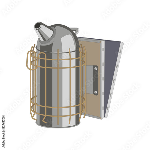 Vector illustration of a stainless steel bee smoker, isolated on a white background. Ideal for beekeeping themes and related designs.