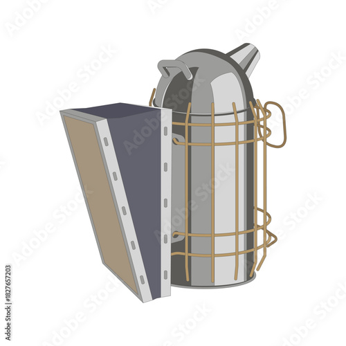 Vector illustration of a stainless steel bee smoker, isolated on a white background. Ideal for beekeeping themes and related designs.