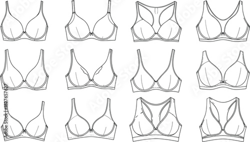 Detailed women’s bra vector collection showcasing multiple lingerie styles, contour line drawings, intimate apparel designs, fashion illustration elements, and underwear templates.