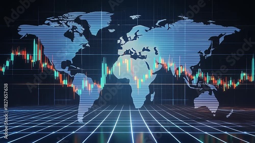 Digital world map with candlestick chart and futuristic grid lines on a dark blue background