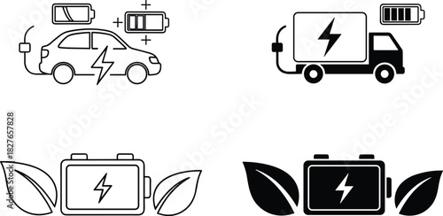 Electric vehicle and truck charging icons with eco battery symbols, renewable energy elements, sustainability concepts, and clean transportation power illustrations.