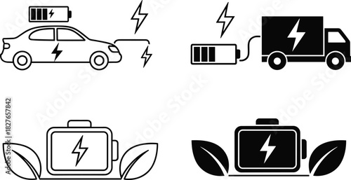 Electric vehicle and truck charging illustrations with battery energy symbols, eco power concepts, renewable electricity elements, and sustainable green technology vector designs.