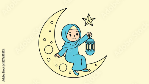 A cute cartoon Muslim girl in a blue hijab sits on a crescent moon, holding a traditional lantern.